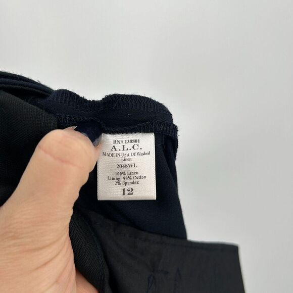 A.L.C. Navy Blue Linen Blend Pleated Straight Leg Trouser Dress Pants Size 12 - Picture 7 of 7